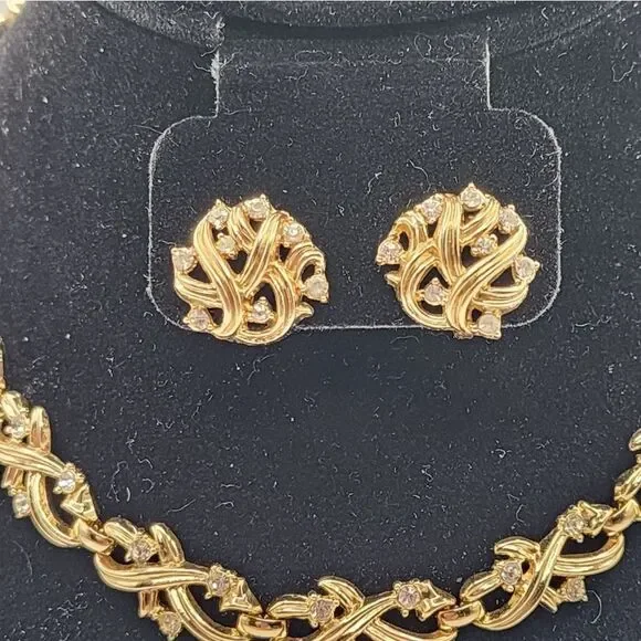 TRIFARICROWNGOLDTONE AND RHINESTONE NECKLACE & EARRINGS SET